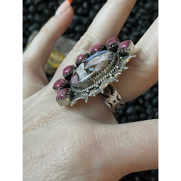 Sterling Silver Pink Rhodonite Multistone Stars & Moons Adjustable Ring~Stamped - Picture 3 of 8